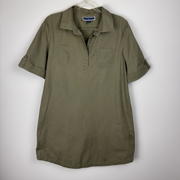 Karen Scott Dress Womens Sz M Green Cotton 1/4 Button Utility Shirt Short Sleeve - Picture 14 of 16